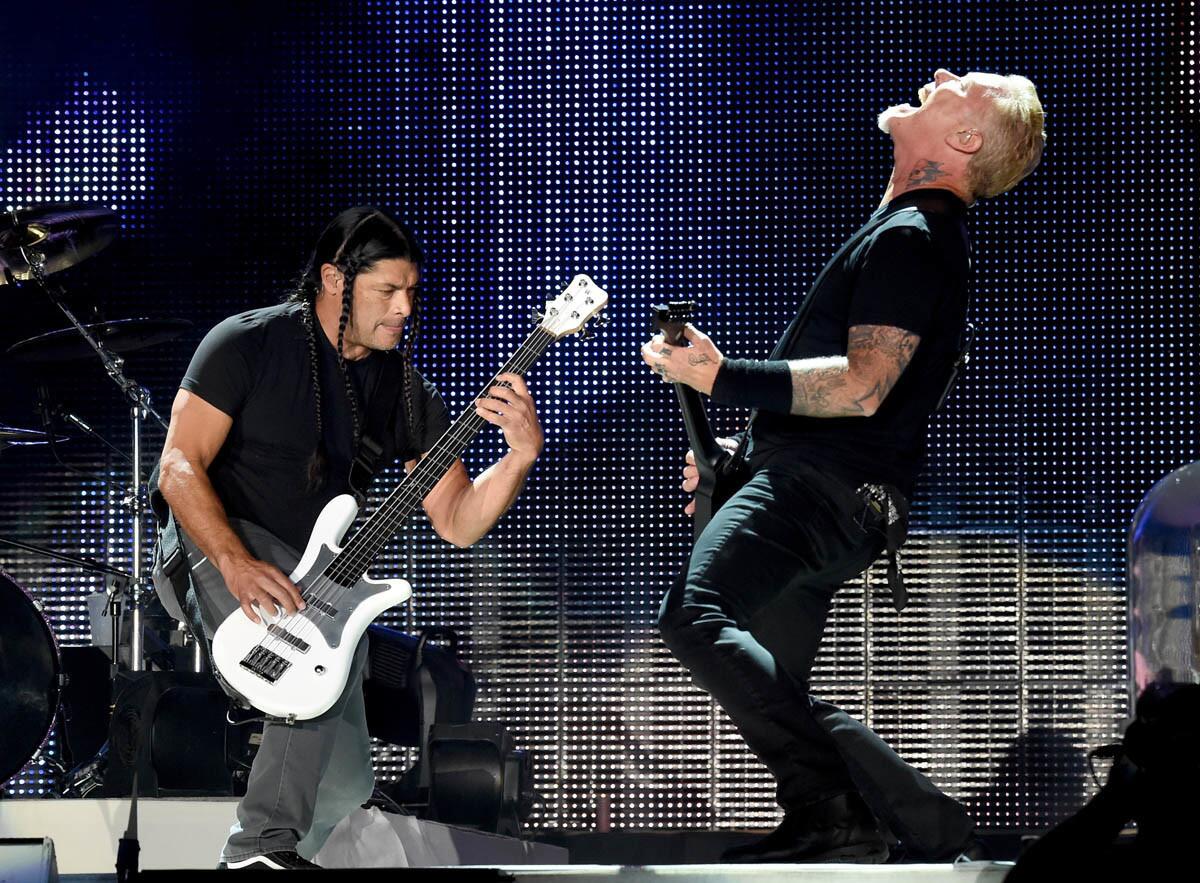 Musicians Robert Trujillo (left) and James Hetfield of Metallica perform onstage at the Rose Bowl on July 29, 2017 in Pasadena, California. (Kevin Winter/Getty Images)