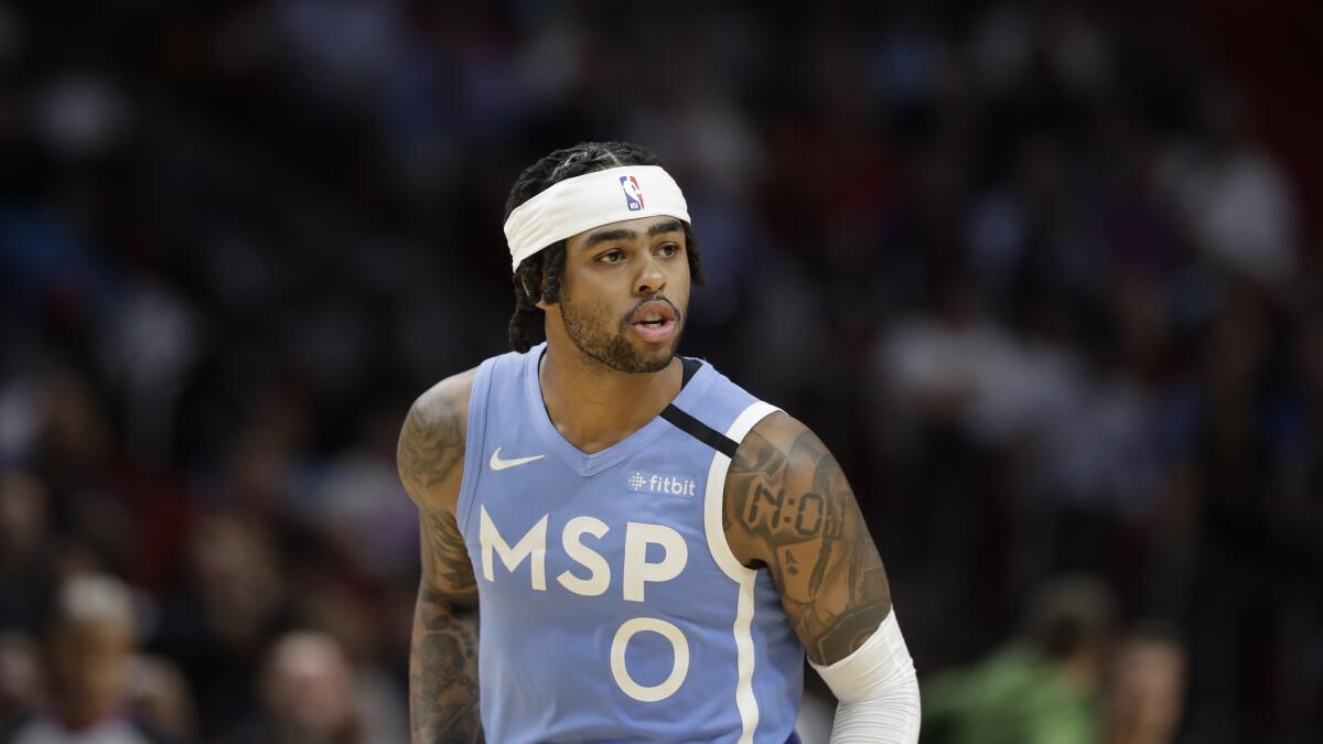Minnesota Timberwolves guard D'Angelo Russell is shown during the second half of an NBA basketball game against the Miami Heat, Wednesday, Feb. 26, 2020, in Miami. (AP Photo/Wilfredo Lee)