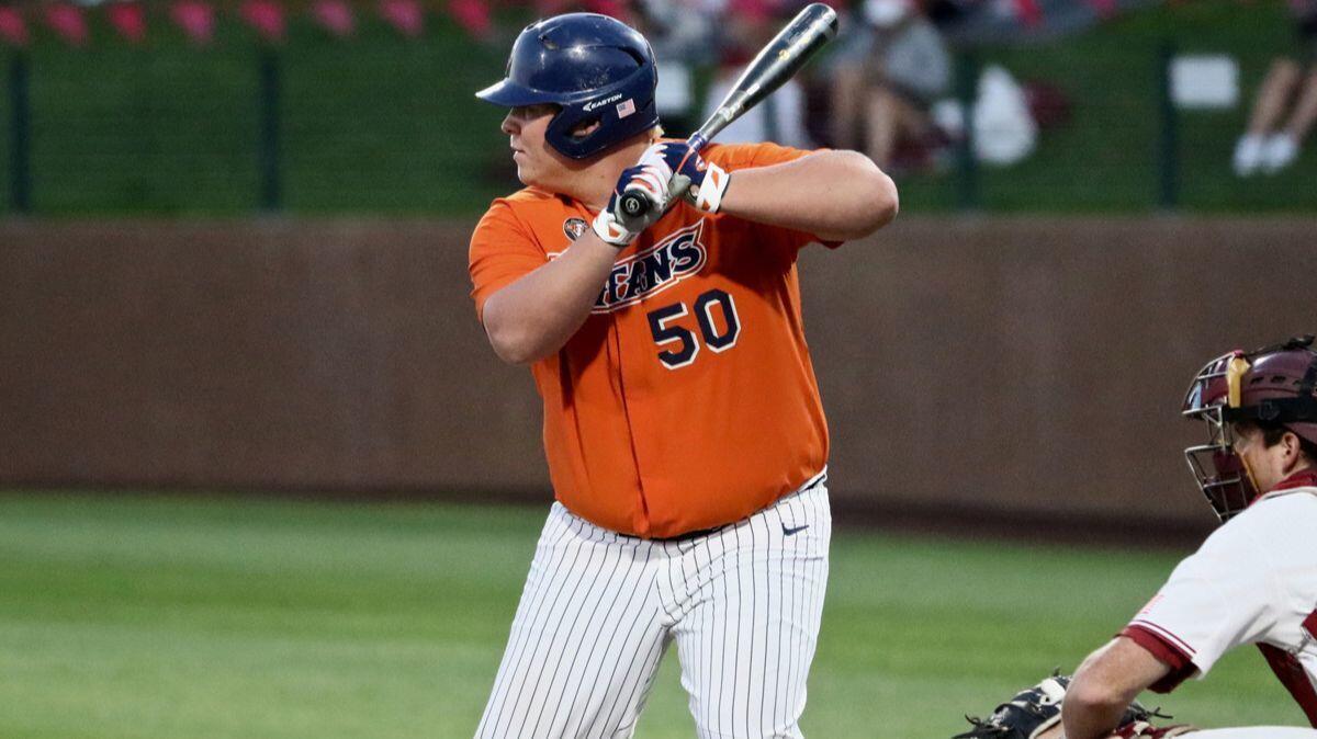 Cal State Fullerton freshman first baseman Jace Chamberlin bats during the Stanford Regional.