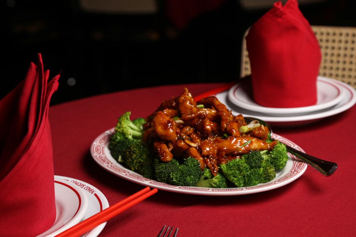A plate of beef and broccoli from Genghis Cohen
