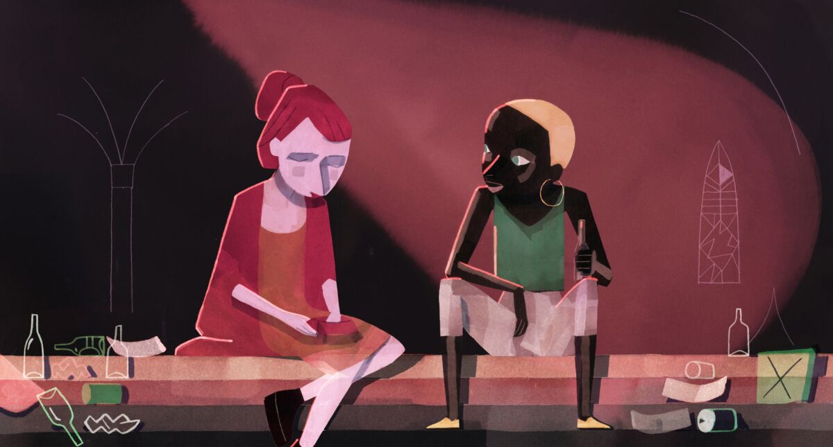Two women sit talking in an image from the Oscar-nominated animated short "Genius Loci," directed by Adrien Merigeau.