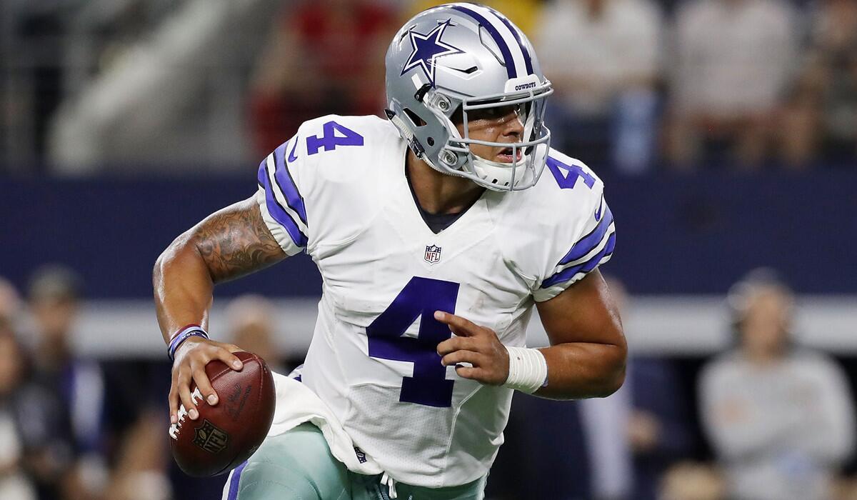 Cowboys quarterback Dak Prescott passed for 3,667 yards and 23 touchdowns and rushing for 282 yards and six scores.