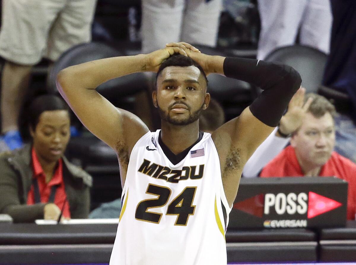 Missouri's Kevin Puryear (24) reacts as Xavier is awarded two free throws during the final moments of the Tire Pros Invitational on Nov. 17.