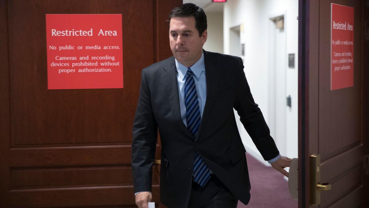 House Intelligence Committee Chairman Devin Nunes exits a secure area on Capitol Hill on March 24, 2017.