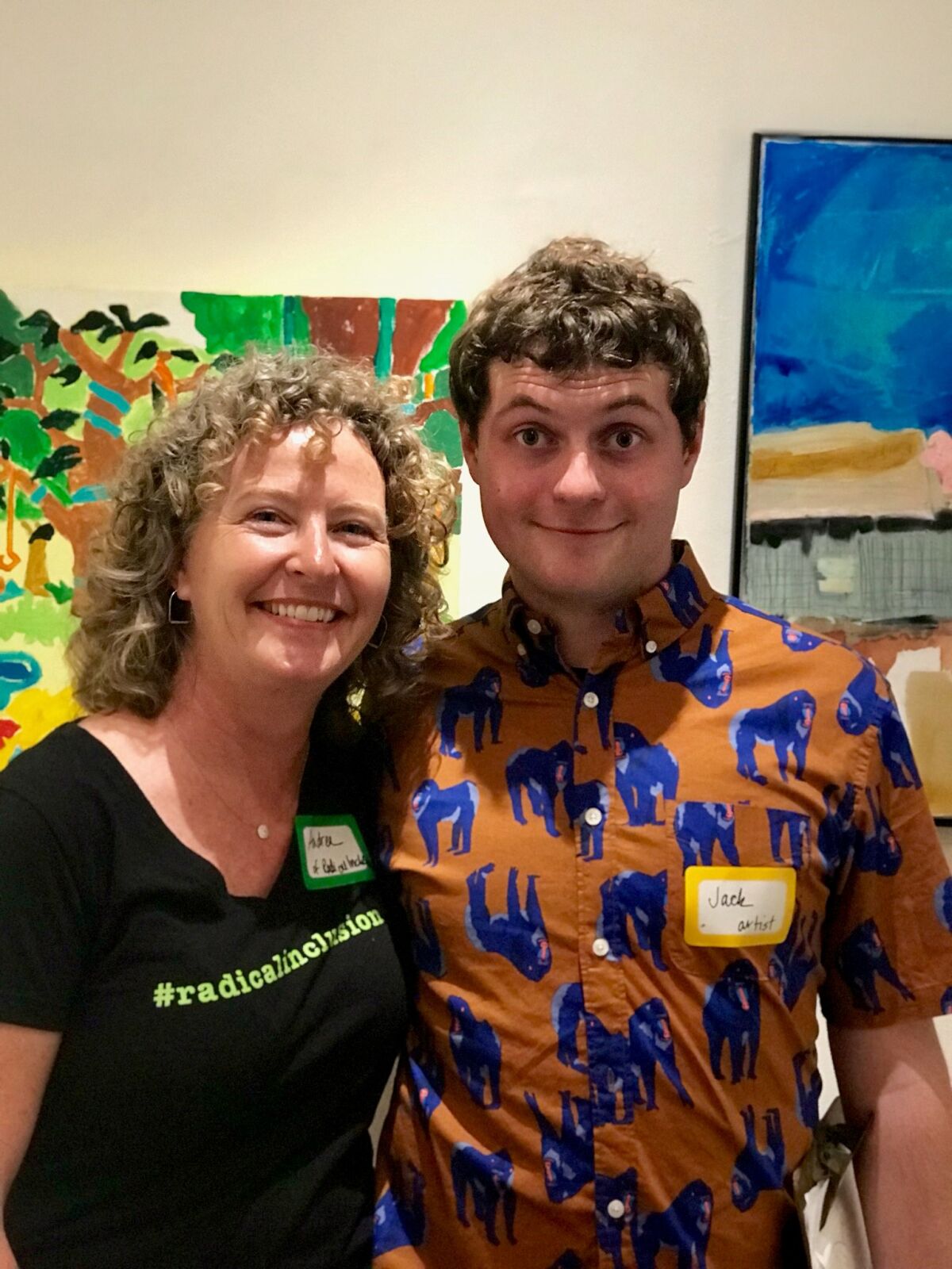 Solana Beach resident and author Andrea Moriarty joined Jack Medved, an artist who is autistic, at the opening of the "Radical Inclusion" art exhibition on Aug. 3.