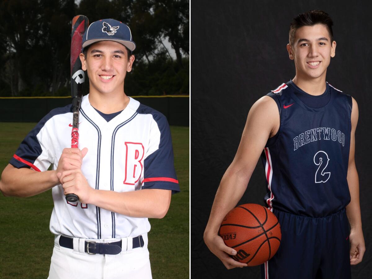 Brentwood's Cameron MacDonald poses for photos in his baseball and basketball uniforms.