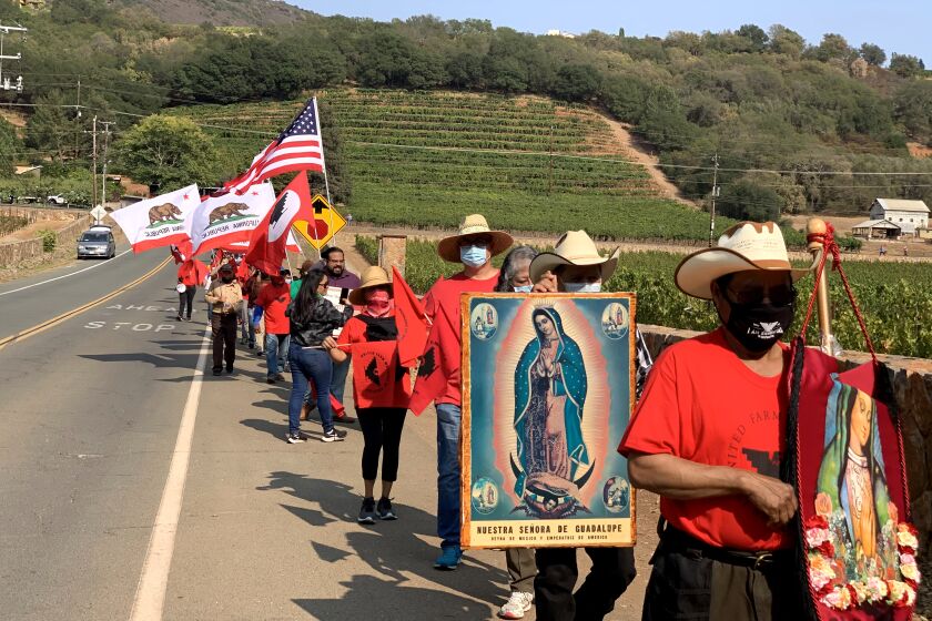YOUNTVILLE, CALIF. - SEPT. 25, 2021 - Guillermo Garcia addressed dozens of farmworkers outside the French Laundry, the high-end restaurant where Gov. Gavin Newsom was caught dining maskless at a party during the pandemic.(Jean Guerrero / Los Angeles Times)