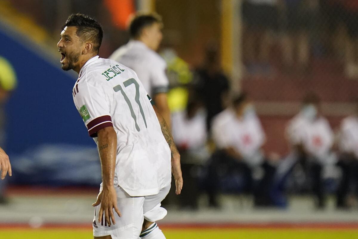 Mexico's Jesus Corona celebrates scoring his side's first goal against  