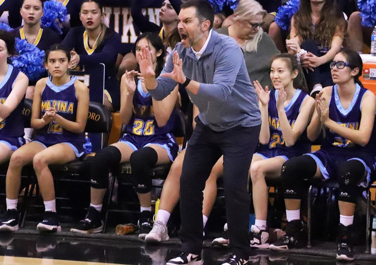 Marina girls' basketball coach Daniel Roussel, seen against San Pedro on March 7, 2023.