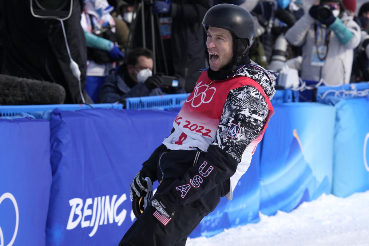 United States' Shaun White reacts during the men's halfpipe qualification round at the 2022 Winter Olympics