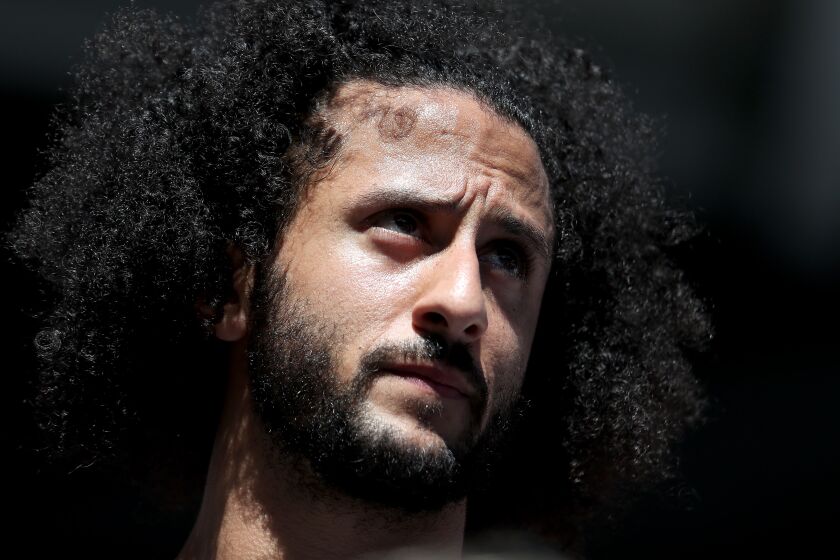 NEW YORK, NEW YORK - AUGUST 29: Former San Francisco 49er Colin Kaepernick watches a Women's Singles second round match between Naomi Osaka of Japan and Magda Linette of Poland on day four of the 2019 US Open at the USTA Billie Jean King National Tennis Center on August 29, 2019 in Queens borough of New York City. (Photo by Al Bello/Getty Images)