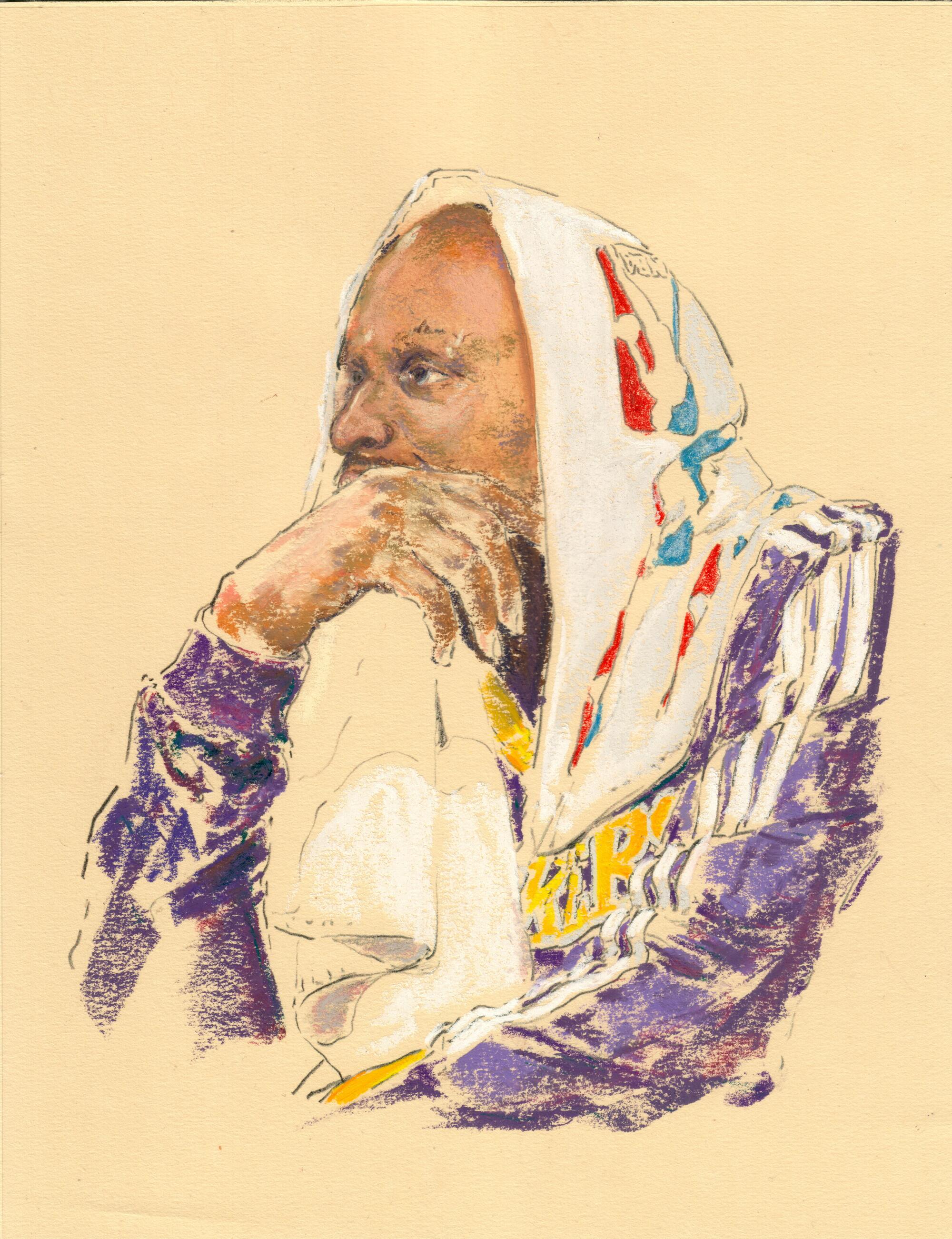 Drawing of Lakers player looking on from the bench, a towel draped over his head.