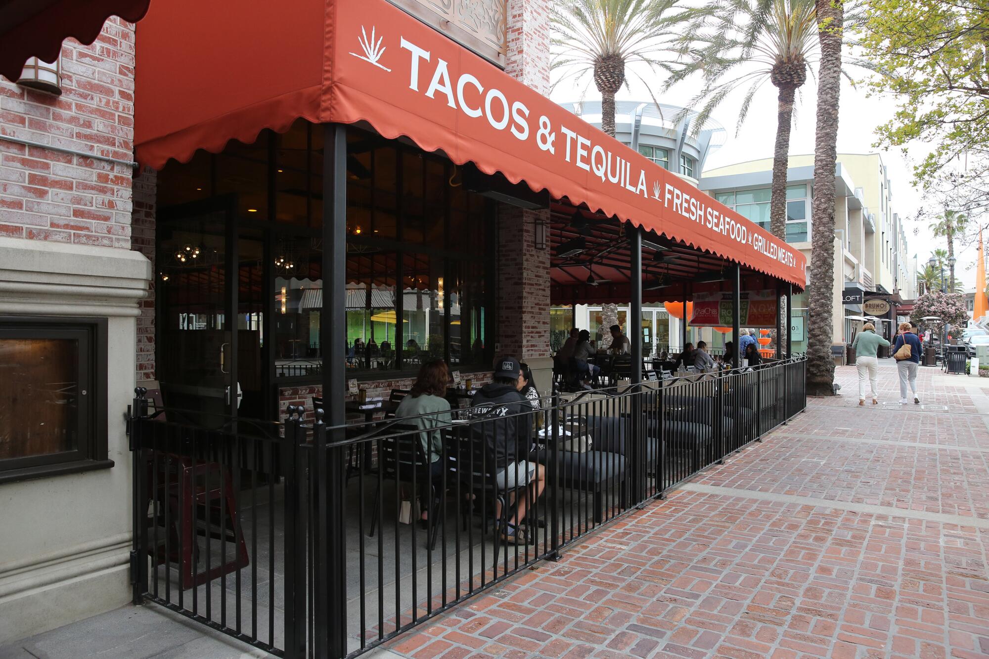 One of the large outside dining areas, Cha Cha's Latin Kitchen, in Brea at the end of March 2022.