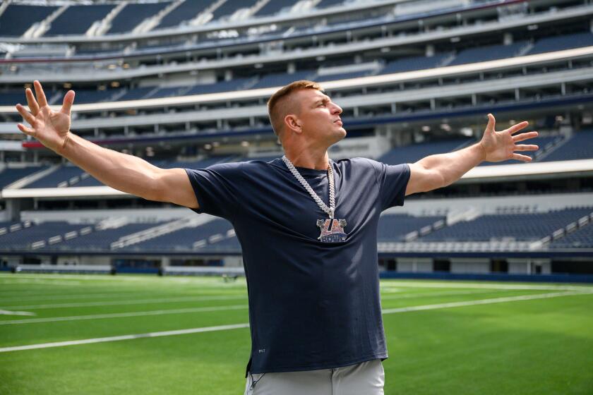 Former NFL tight end Rob Gronkowski stands at SoFi Stadium.