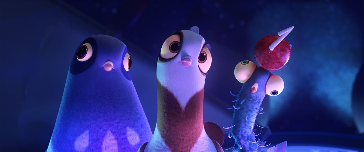 Three pigeons, each with a different look, in the animated "Spies in Disguise."