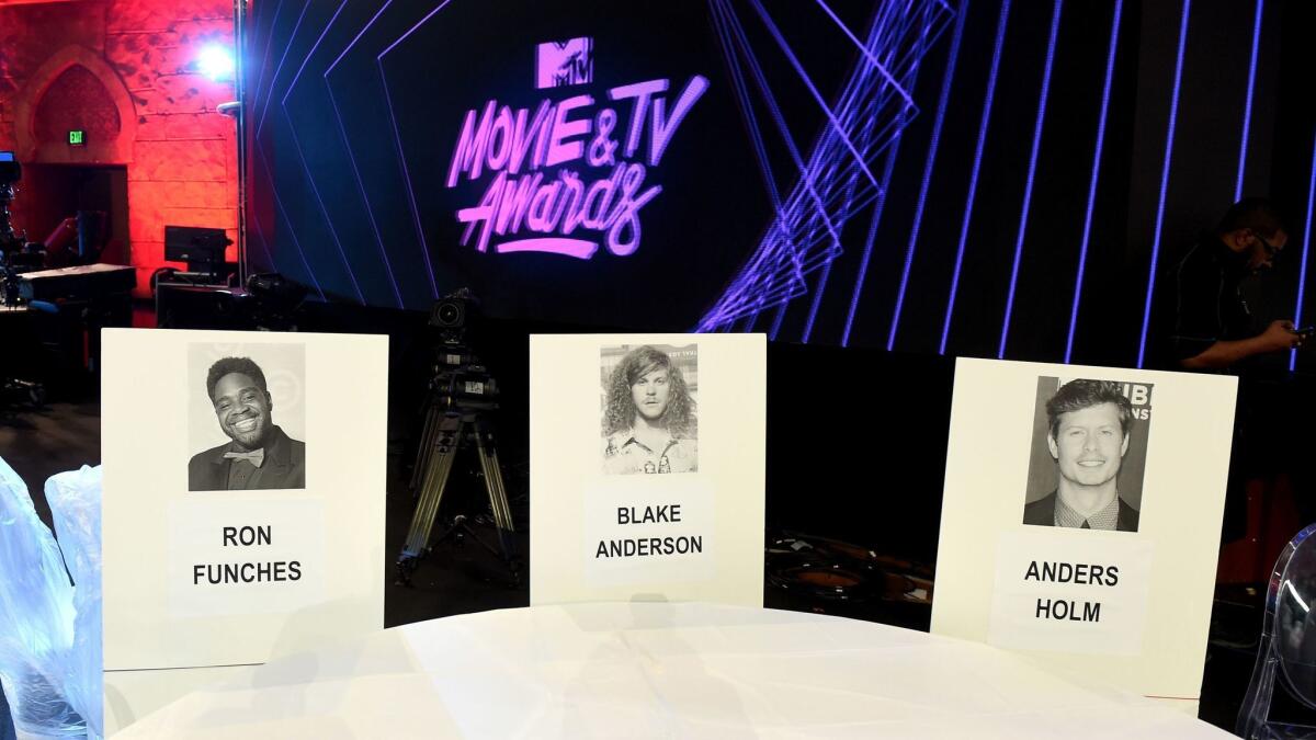 Seat cards are shown at the 2017 MTV Movie and TV Awards press junket at the Shrine Auditorium on Thursday in Los Angeles.