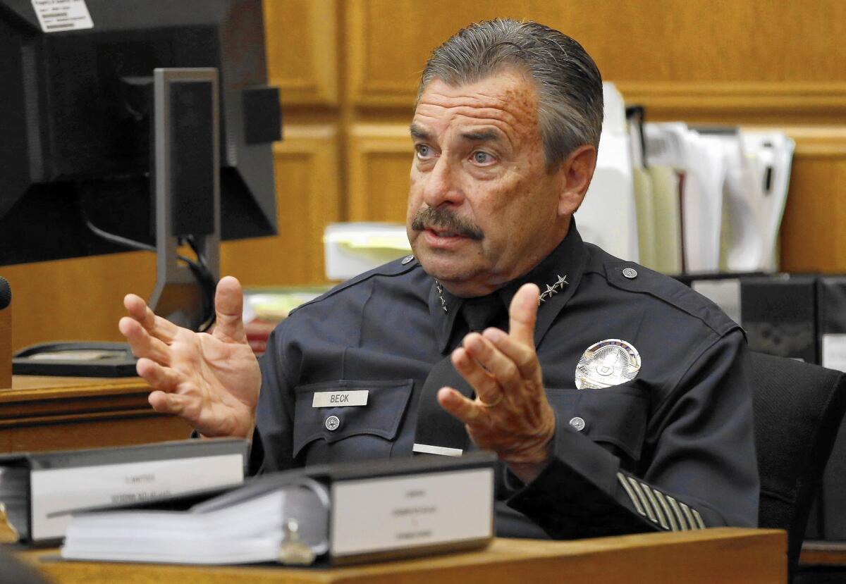 LAPD Chief Charlie Beck testifying in March in the trial of a discrimination lawsuit filed by two officers who alleged they were unfairly disciplined after they shot and killed a man in Koreatown in 2010.