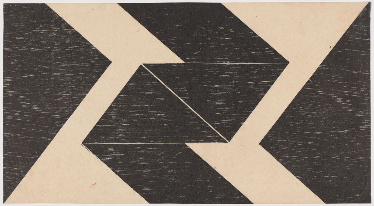A black and white block print by Lygia Pape shows a series of intersecting triangles and parallelograms