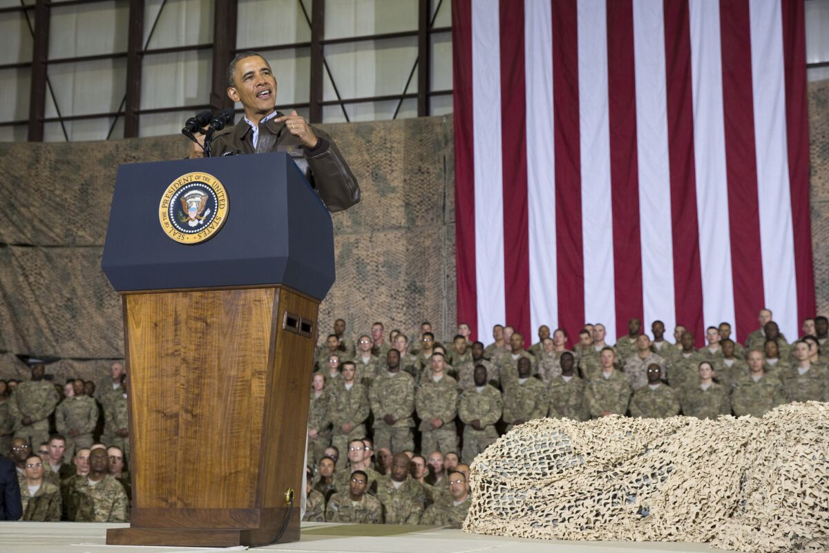 President Obama speaks during a troop rally after arriving at Bagram Airfield for an unannounced visit May 25.
