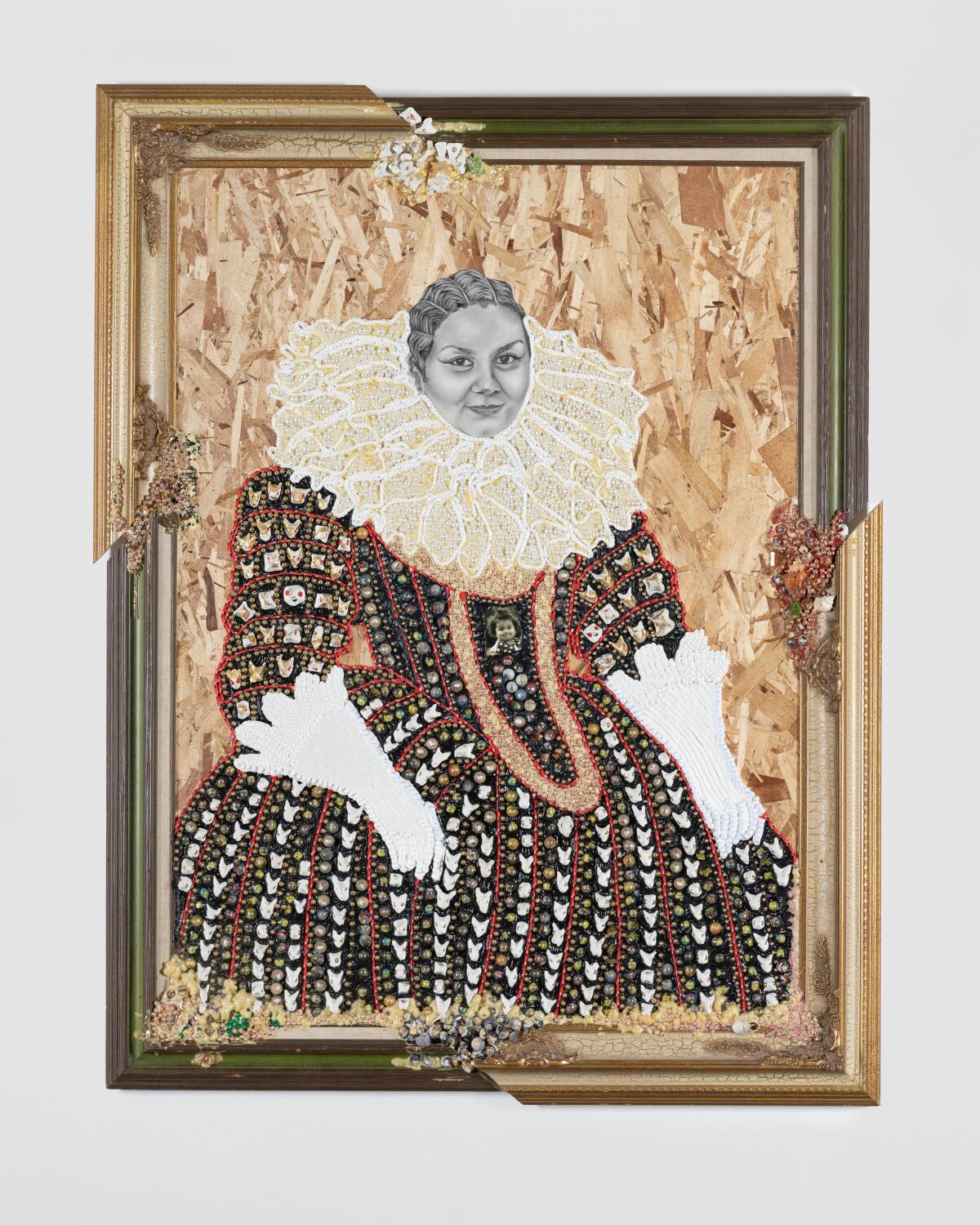 A framed work in mixed media shows a smiling woman in Elizabethan era garb including a ruff and gloves.