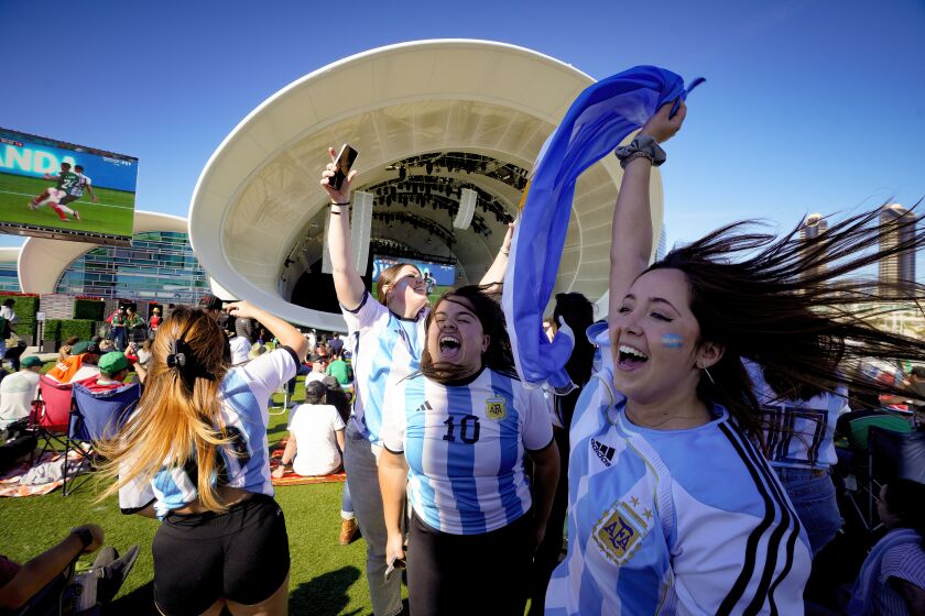 San Diego, CA - November 26: At The Rady Shell at Jacobs Park on Saturday, Nov. 26, 2022 in San Diego, CA., fans of Argentina soccer, cheered as their team scored a second goal on team Mexico in the World Cup. (Nelvin C. Cepeda / The San Diego Union-Tribune)