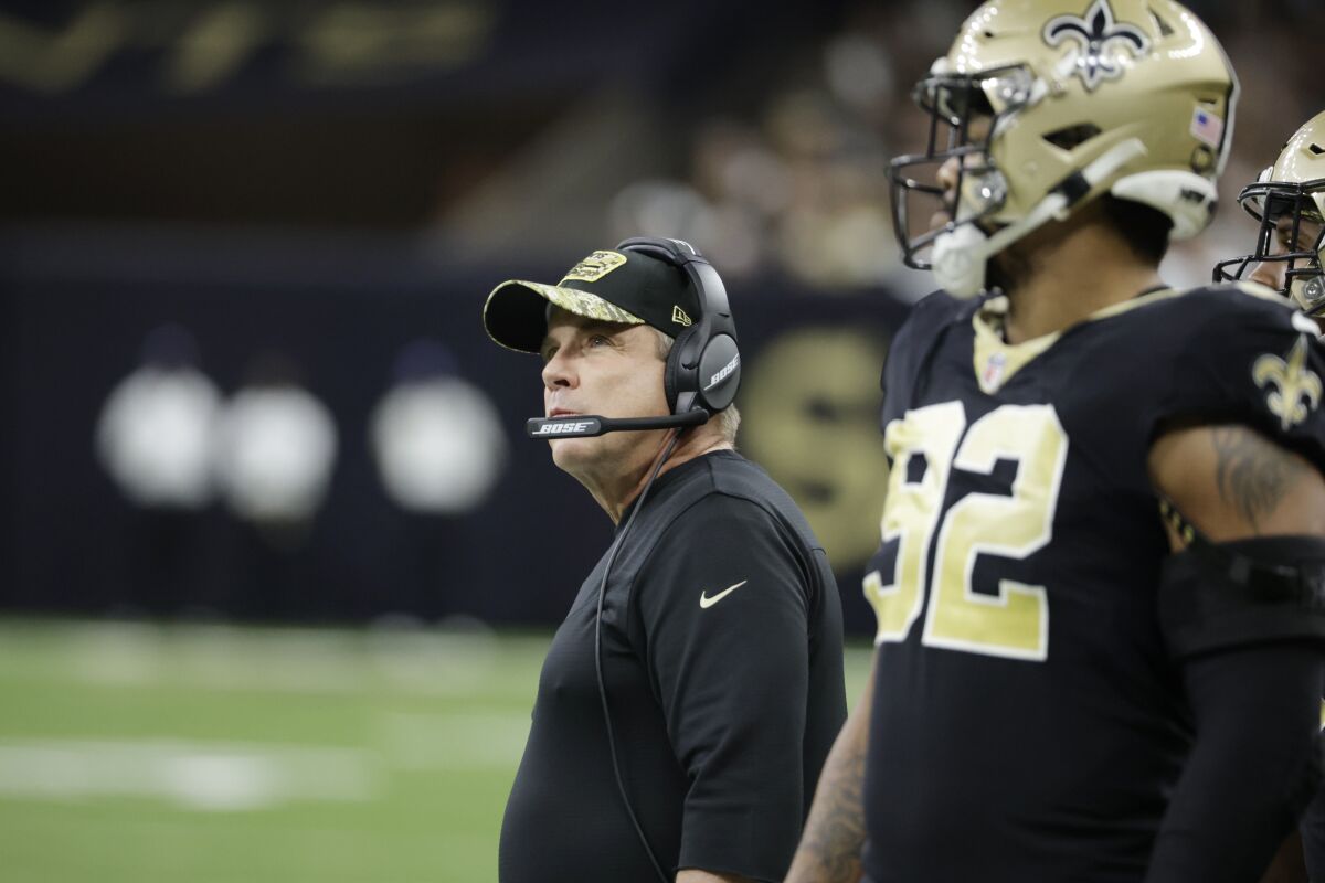 New Orleans Saints head coach Sean Payton watches play against the New Orleans Saints during the second half of an NFL football game, Sunday, Nov. 7, 2021, in New Orleans. (AP Photo/Derick Hingle)