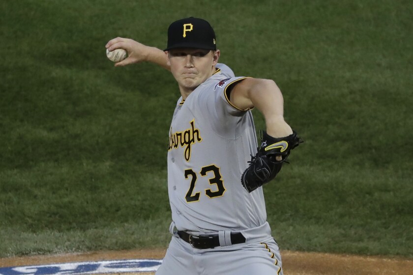 Pittsburgh Pirates starting pitcher Mitch Keller throws to a Chicago Cubs batter during the first inning of a baseball game in Chicago, Saturday, Aug. 1, 2020. (AP Photo/Nam Y. Huh)