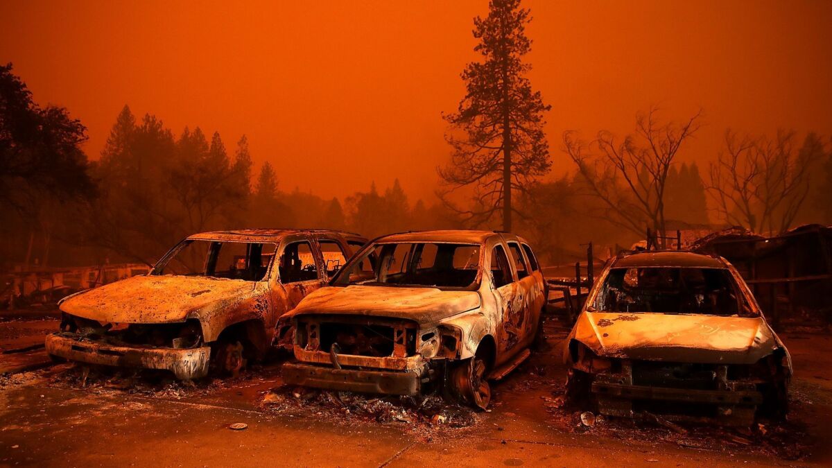 Cars destroyed by the Camp fire in Paradise, Calif.