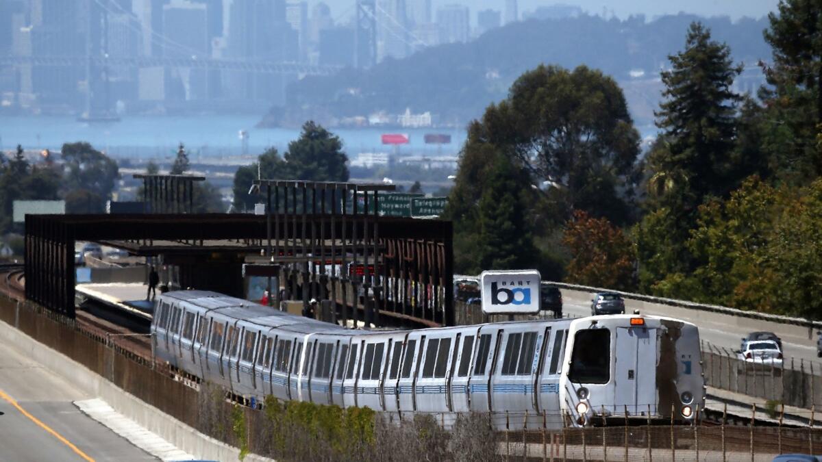 A Bay Area Rapid Transit (BART) train pulls away from the Rockridge station on August 2, 2013 in Oakland, California.