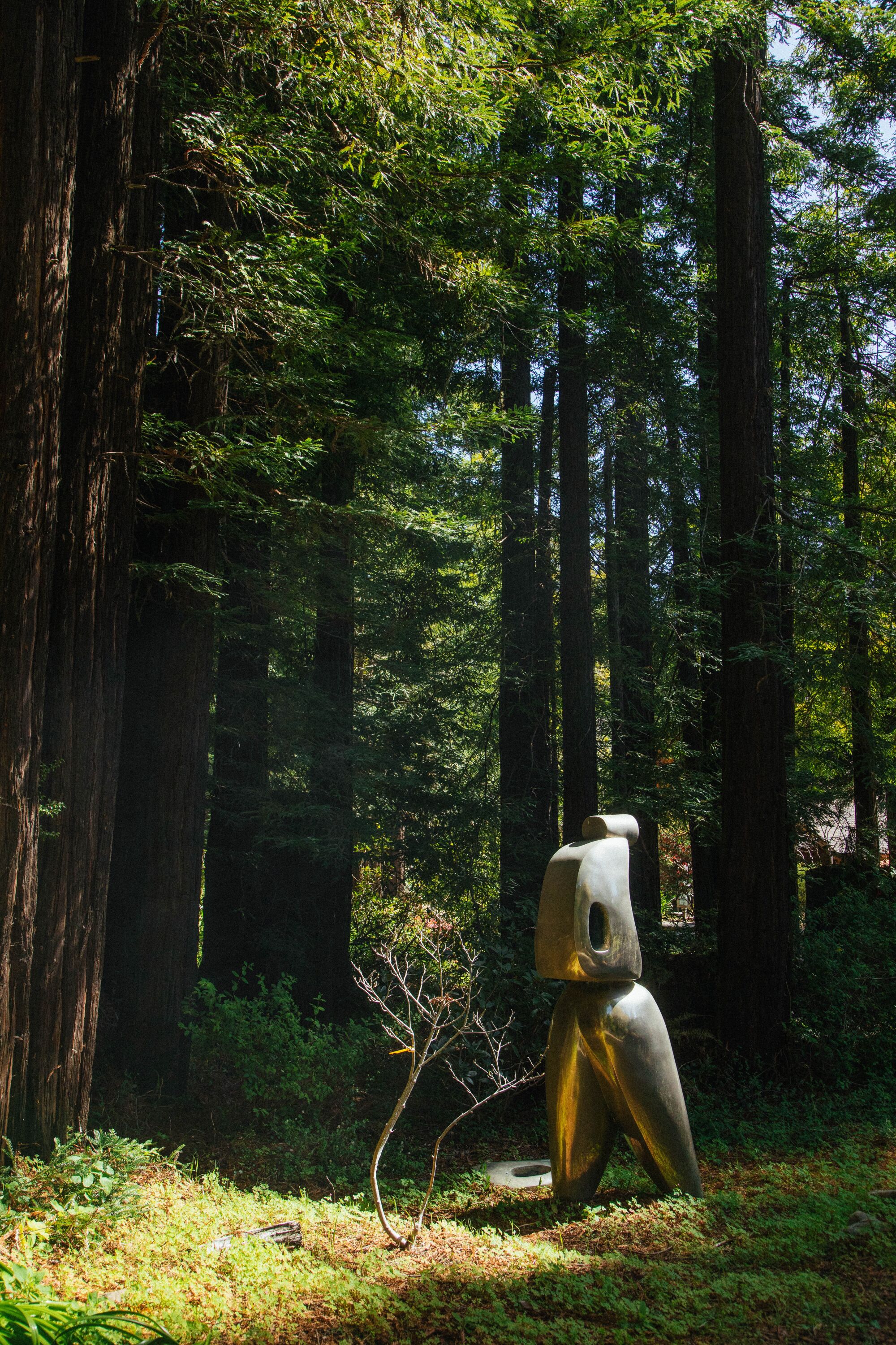 The sculpture "Strolling Man" stands amid trees.