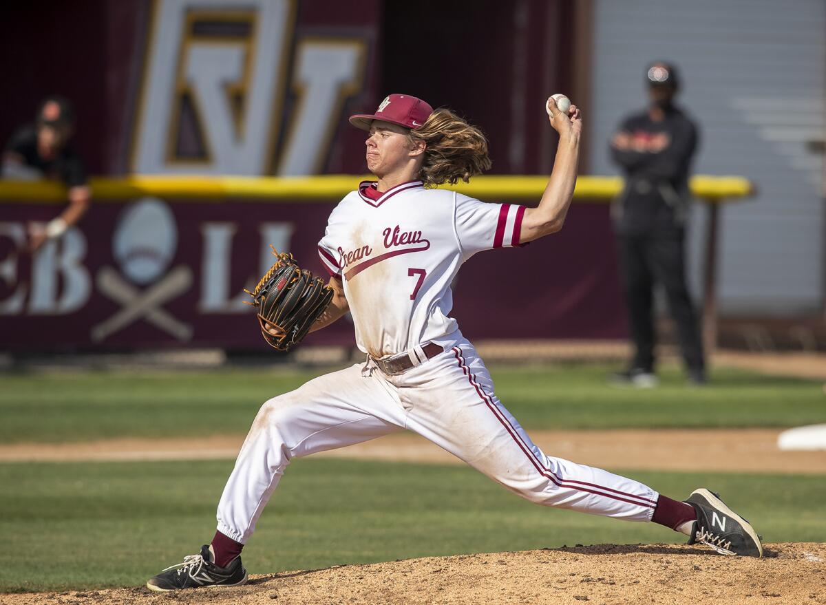 Ocean View's Spencer Johnsen throws against Segerstrom during a Golden West League baseball finale on April 28.