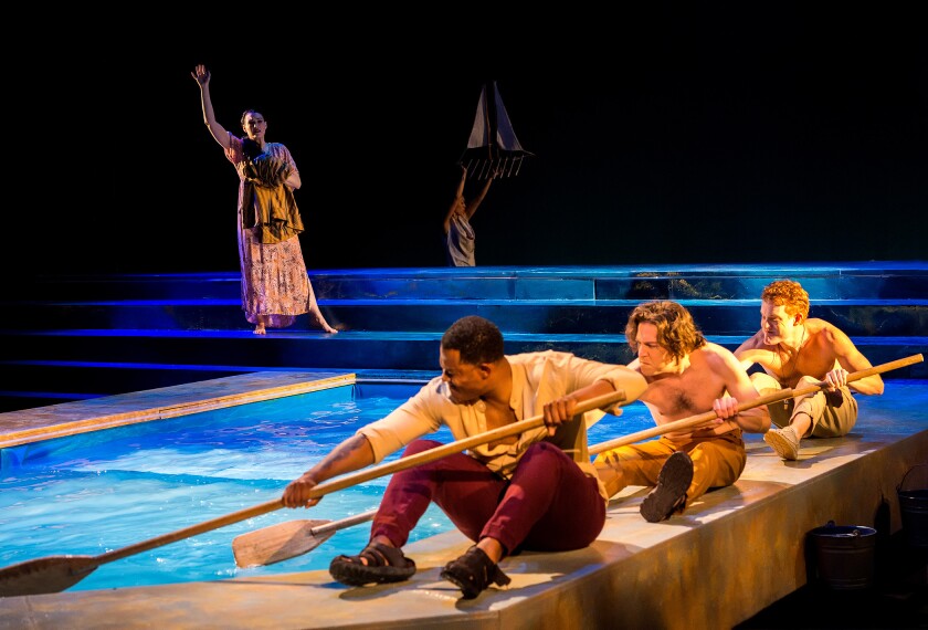 Characters row with oars on a set with a pool