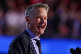 Chicago, Ill, Monday, August 19, 2024 - Team USA basketball coach Steve Kerr speaks at the Democratic National Convention at the United Center. (Robert Gauthier/Los Angeles Times)