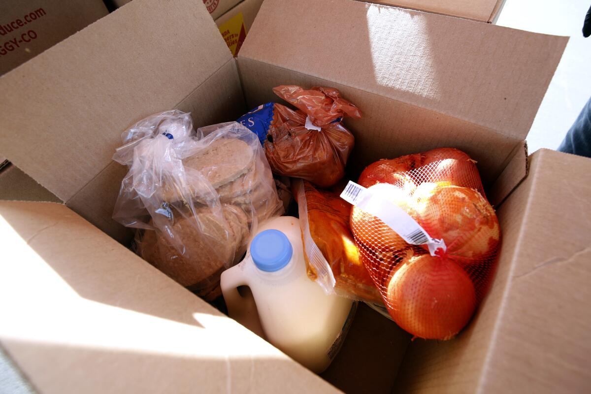 Boxes of food included milk, cheese, chicken patties, potatoes, onions and apples at a Thanksgiving food giveaway.