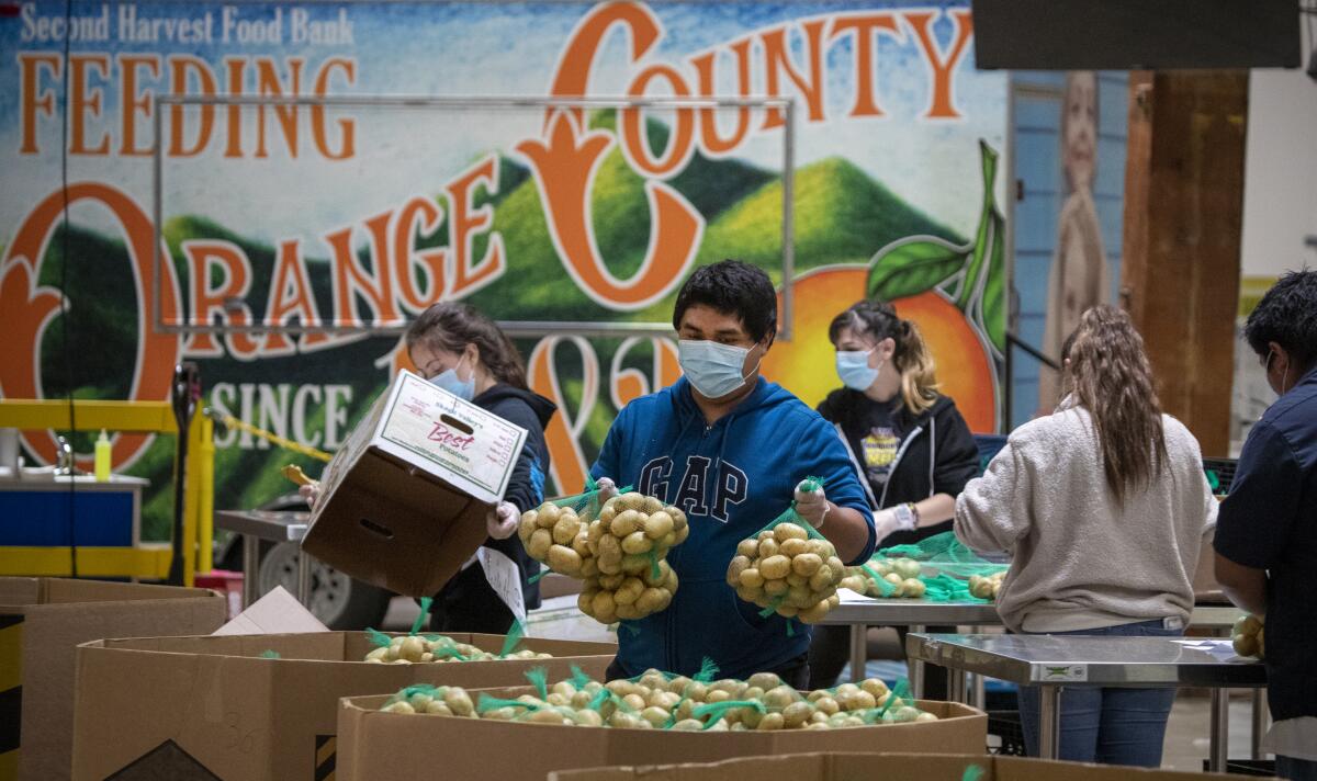 Boxes of food are packed by recently laid off restaurant workers at Second Harvest Food Bank in Irvine on April 1, 2020.