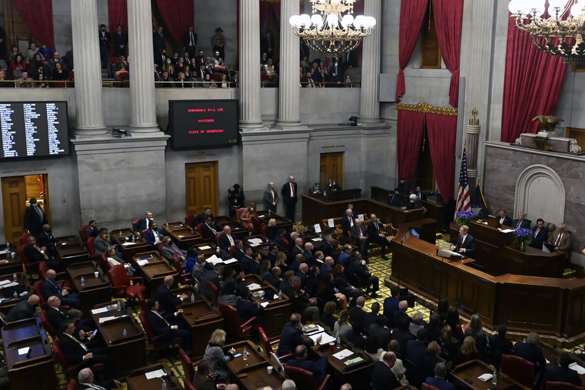 FILE - Tennessee Gov. Bill Lee delivers his State of the State address in the House Chamber, Jan. 31, 2022, in Nashville, Tenn. Tennessee's Republican-dominant Legislature on Tuesday, Jan. 31, 2023, advanced a handful of proposals that would ban gender-affirming care for transgender youth and severely limit where drag shows can take place. (AP Photo/Mark Zaleski, File)