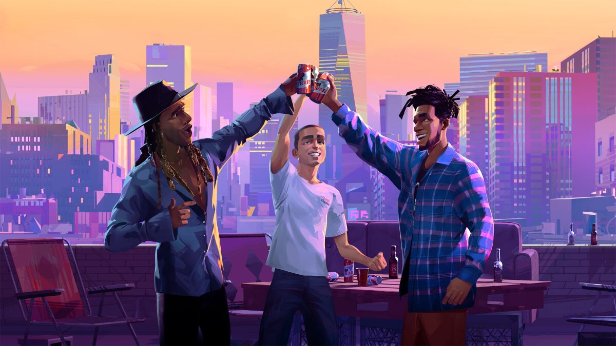 This image released by Netflix shows Ty Dolla Sign as Ky, from left, Timothée Chalamet as Jimmy and Scott Mescudi, better known as Kid Cudi, as Jabari in a scene from the animated film "Entergalactic." (Netflix via AP)
