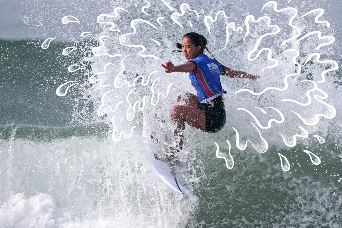 Photo of a woman surfing with illustrated splashes around her.
