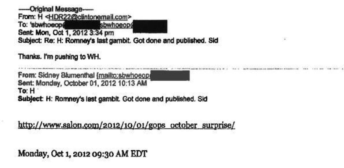A screen grab of a Hillary Clinton email obtained by The New York Times,