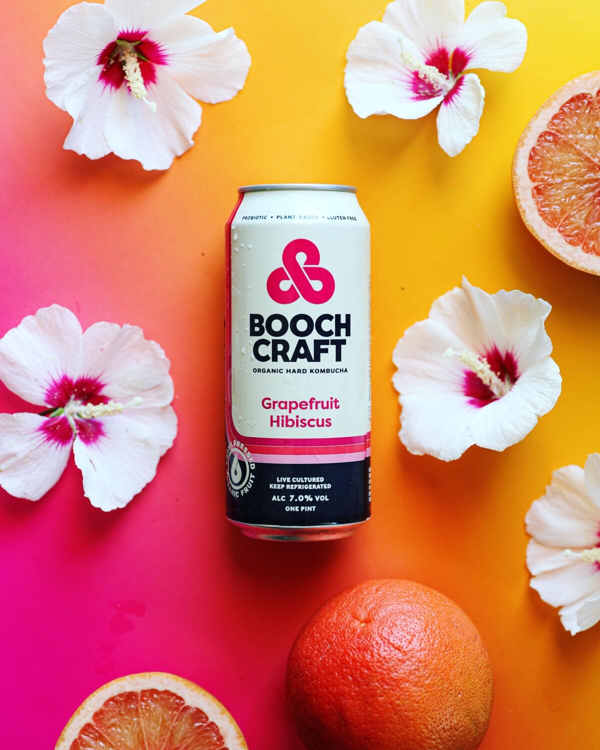 A can of one of Boochcraft's flavors, Grapefruit Hibiscus