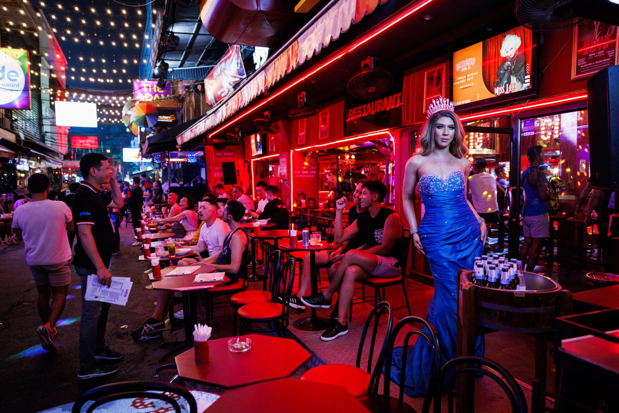 A drag queen performs on Silom Soi 4, a street known for LGBTQ nightlife, on May 5, 2024