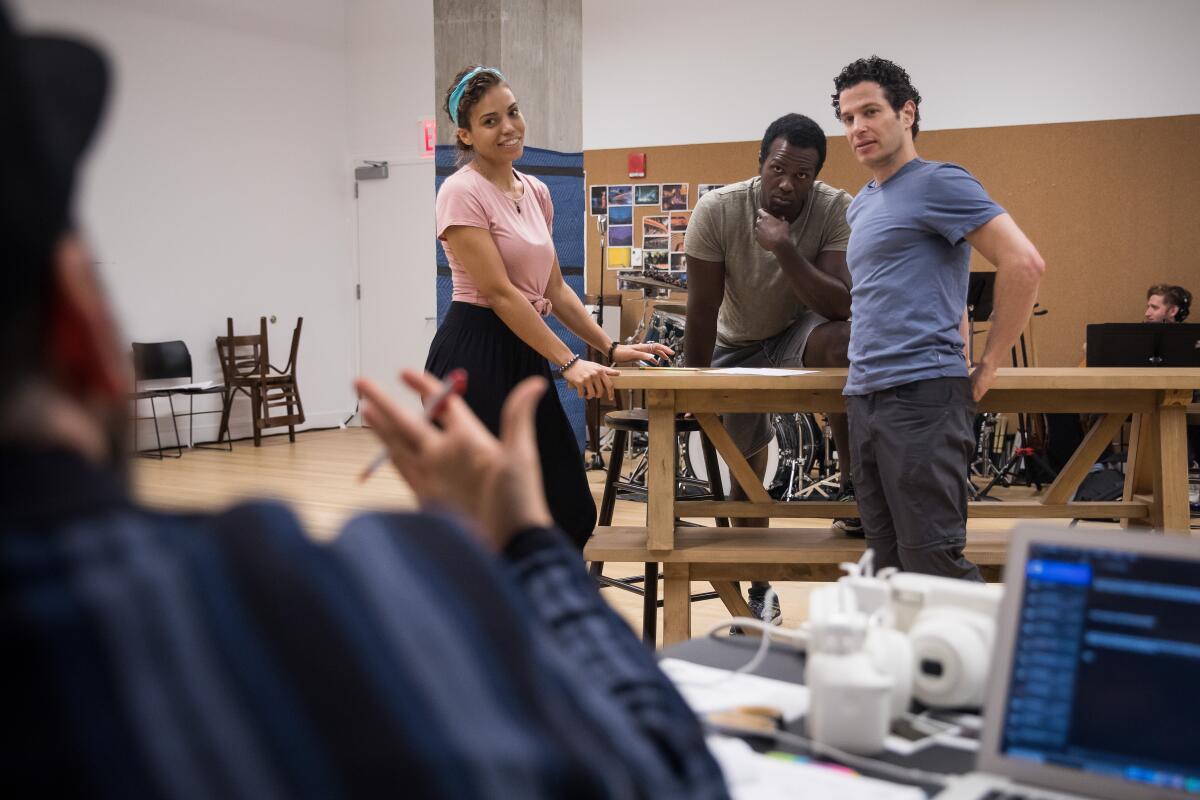 From left, Ross Golan, cast members Ciara Renee and Joshua Henry, and director Thomas Kail