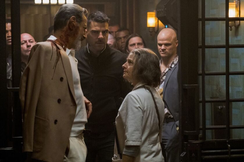 ********2018 SUMMER SNEAKS***DO NOT USE PRIOR TO SUNDAY APRIL 29TH 2018******(L-R) - Jeff Goldblum, Zachary Quinto and Jodie Foster in a scene from "Hotel Artemis." Credit: Matt Kennedy / Global Road Entertainment