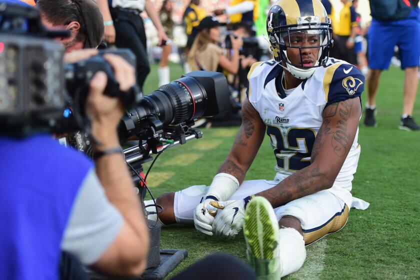 Rams cornerback Trumaine Johnson reacts after an incomplete pass during the fourth quarter of a game against the Carolina Panthers on Sunday.