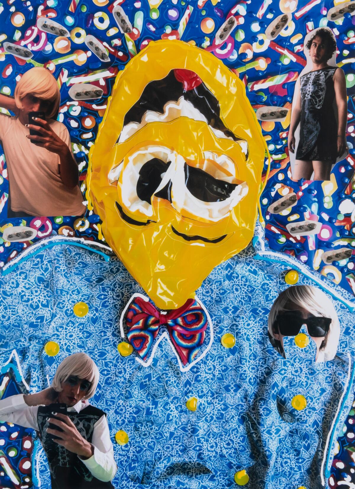 A collage shows a cartoonish figure with a bright yellow face surrounded by selfies of the artist