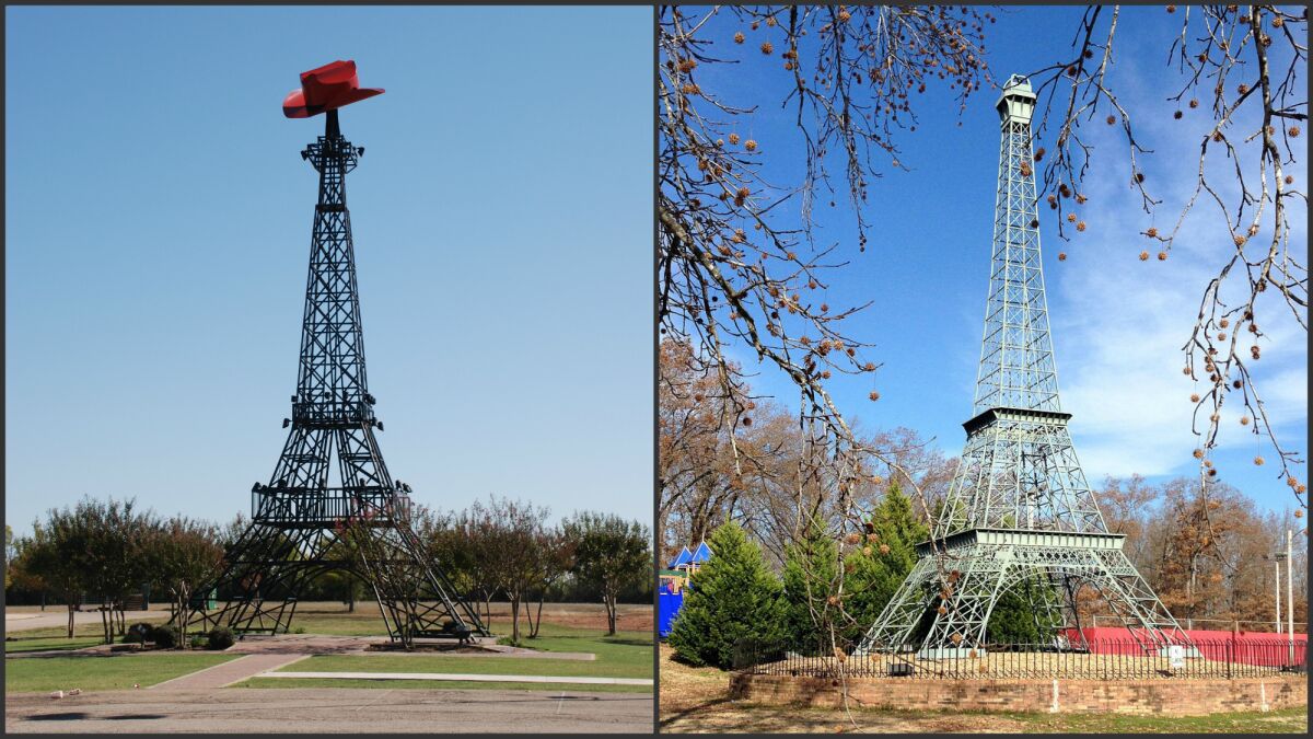 Replicas of the Eiffel Tower in Paris, Texas, left, and Paris, Tenn., right.