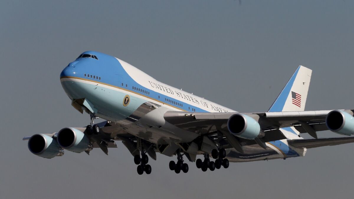 A familiar sight: Air Force One departing California in February 2016 after another successful fundraising foray.