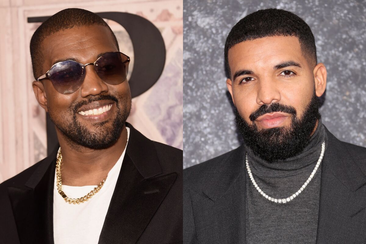 Kanye West and Drake in side-by-side photos, both with beards and necklaces