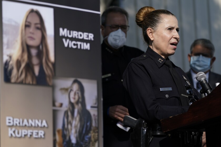 Los Angeles Police Department Capt. Sonia Monico speaks at a news conference about Brianna Kupfer, Tuesday, Jan. 18, 2022, in Los Angeles. Detectives are investigating the murder of Kupfer, a 24-year-old Pacific Palisades resident, who was killed at a business in the 300 block of North La Brea Avenue on Jan. 13. (AP Photo/Ashley Landis)