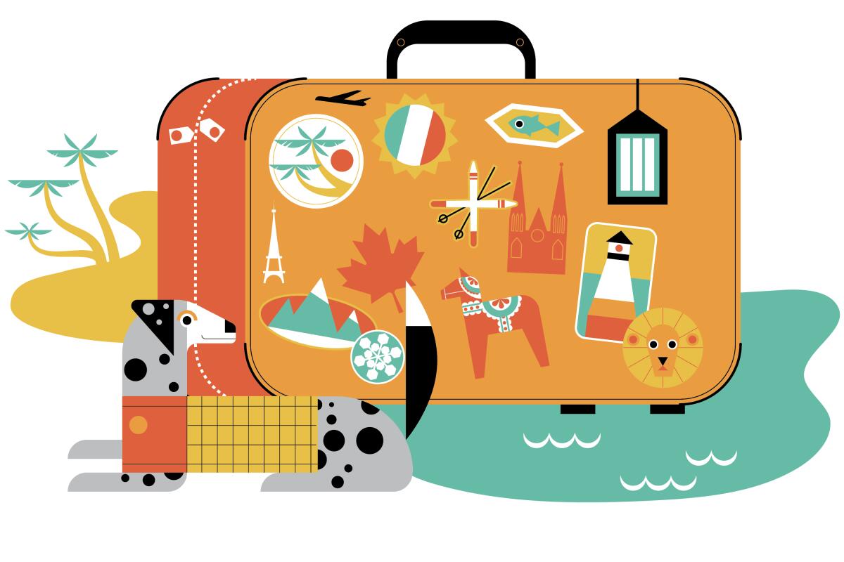 Illustration of a suitcase covered in travel stickers with a dog in a vest in foreground and a beach in the background.